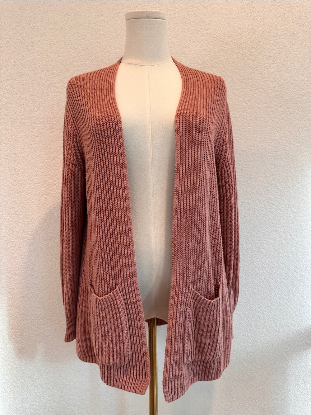 Madewell Dusty Rose Chunky Rib Knit Open Front Cardigan Sweater XS 100% Cotton